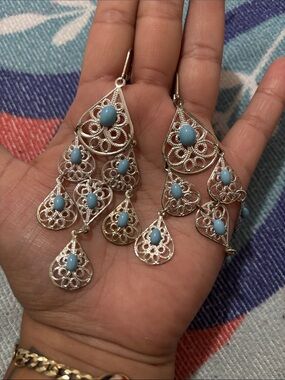 Silver Filigree Teardrop Dangle Earrings with Light Blue Cabochons